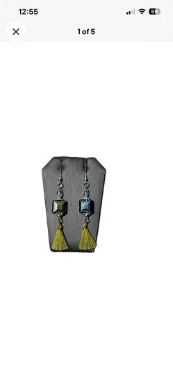 Handcrafted Iridescent Crystal Cube Dangle Earrings Olive Green Tassel Boho
