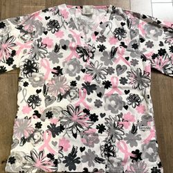 🩷 Valentine’s Day Breast Cancer Awareness Universal Advantage Scrubs Heart Ribbon Flower Women's 2-Pocket Print Top Shirt 🩷