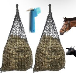 Slow Feeder Hay Nets for Horses- 2 Pack Ultra Steady Horse Feed Net- Large Knotless Fence Bale Size 26” x 40", 2 Inch Mesh Openings- Equestrian Feedin