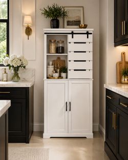 Kitchen Pantry, Large Wood Storage Cabinet with Sliding Barn Door and Adjustable Shelves, Tall Freestanding Cupboard for Dining Room, Living Room, Lau