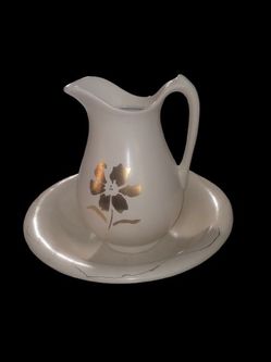 White Pitcher and Basin Set Gold Floral Design