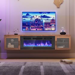 70" Floating TV Stand with 36" Electric Fireplace, High Gloss Finish Wall Mounted Fireplace Entertainment Center with Storage for TVs Up to 80", Firep
