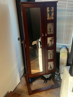 Wood Jewelry Armoire Standing Cabinet Full Length Cheval Mirror Locking Storage