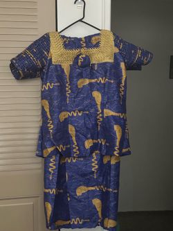 Women’s XL Authentic Ghanaian 2-Piece Skirt & Top Set – Royal Blue & Gold Africa