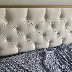 Queen Size Gold And White Suede Bed Frame With Drawers For Extra Storage