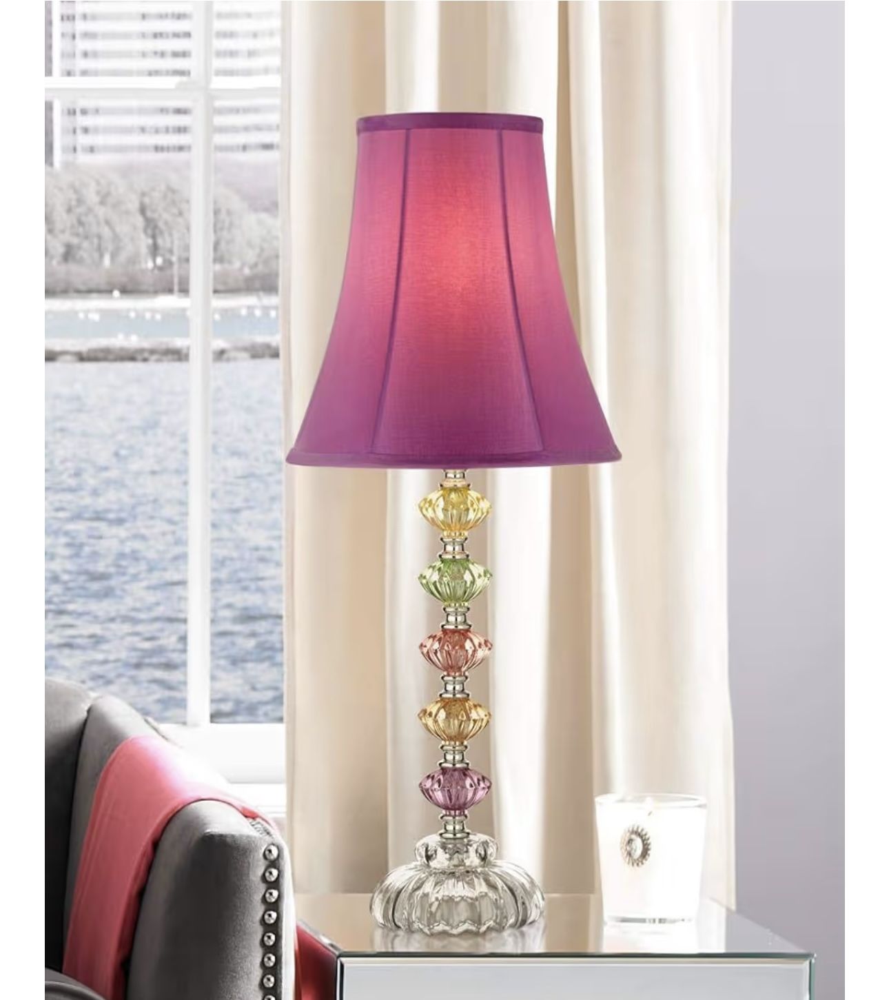 360 Lighting Bohemian Traditional Chic Style Accent Table Lamp 21" High Multi Colored Stacked Glass Pink Orchid Bell Shade Decor for Kids Girls Living