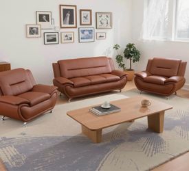 Modern style brown leather three piece couch set