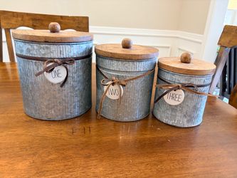 Set of 3 Galvanized Metal Canisters with Wood Lids