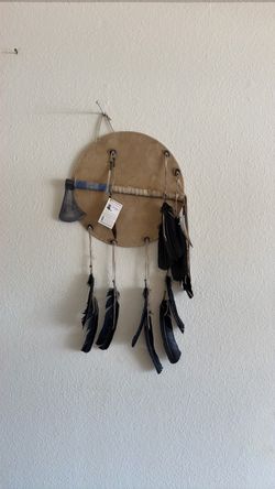 Navajo Native American Darrel Begay Leather Tomahawk Shield Wall Hanging