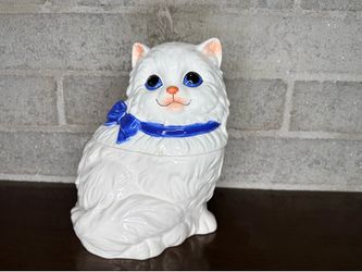 Vintage Made in Japan Persian Cat Cookie Jar White Ceramic Blue Bow Big Eyes
