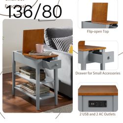 Narrow 2-Tone End Table with USB Charging Ports for Small Space, Solid Wood Table Legs, Gray and Walnut, 11.8" W*24" D*24.2" H