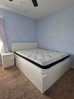 Queen Storage Bed + Matching Nightstand – White