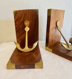 SOLID BRASS & WOOD ANCHOR BOOKENDS SET NAUTICAL SHIP GOLD SHELF DECOR SANIBEL vintage Thumbnail