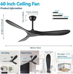 60“ Black Ceiling Fan No Light, Reversible, 3-Blade, 30DB Natural Wind
