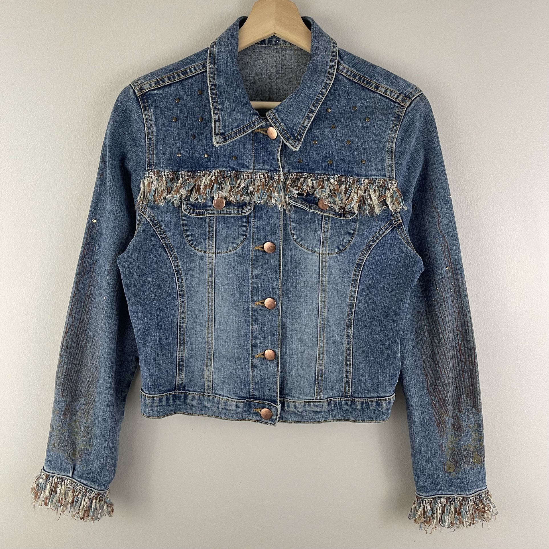 Vintage Y2K Light Wash Faded Denim Multicolor Fabric Fringe Graphic Jean Jacket