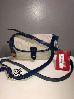 New Dooney&Bourke blue leather trim knitted canvas crossbody bag