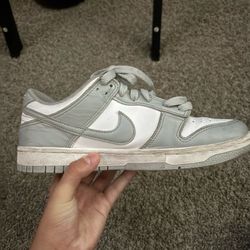 Grey and white low dunk big kids shoes