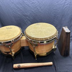 LP Matador Bongos with upgraded Remo heads plus case plus handheld bongo cowbell and beater