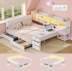 Corner Bed Frame Full with Storage and Desk & 7 Bookcases, with Upholstered Headboard,4 Drawers,1 Bedside Organizer,LED Lights and Charging Station ,W