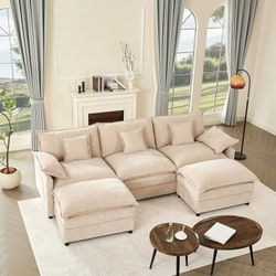 108" U-Shaped Modular Cloud Couch Ottoma, Chenille Flat White, Removable Machine-Washable Covers
