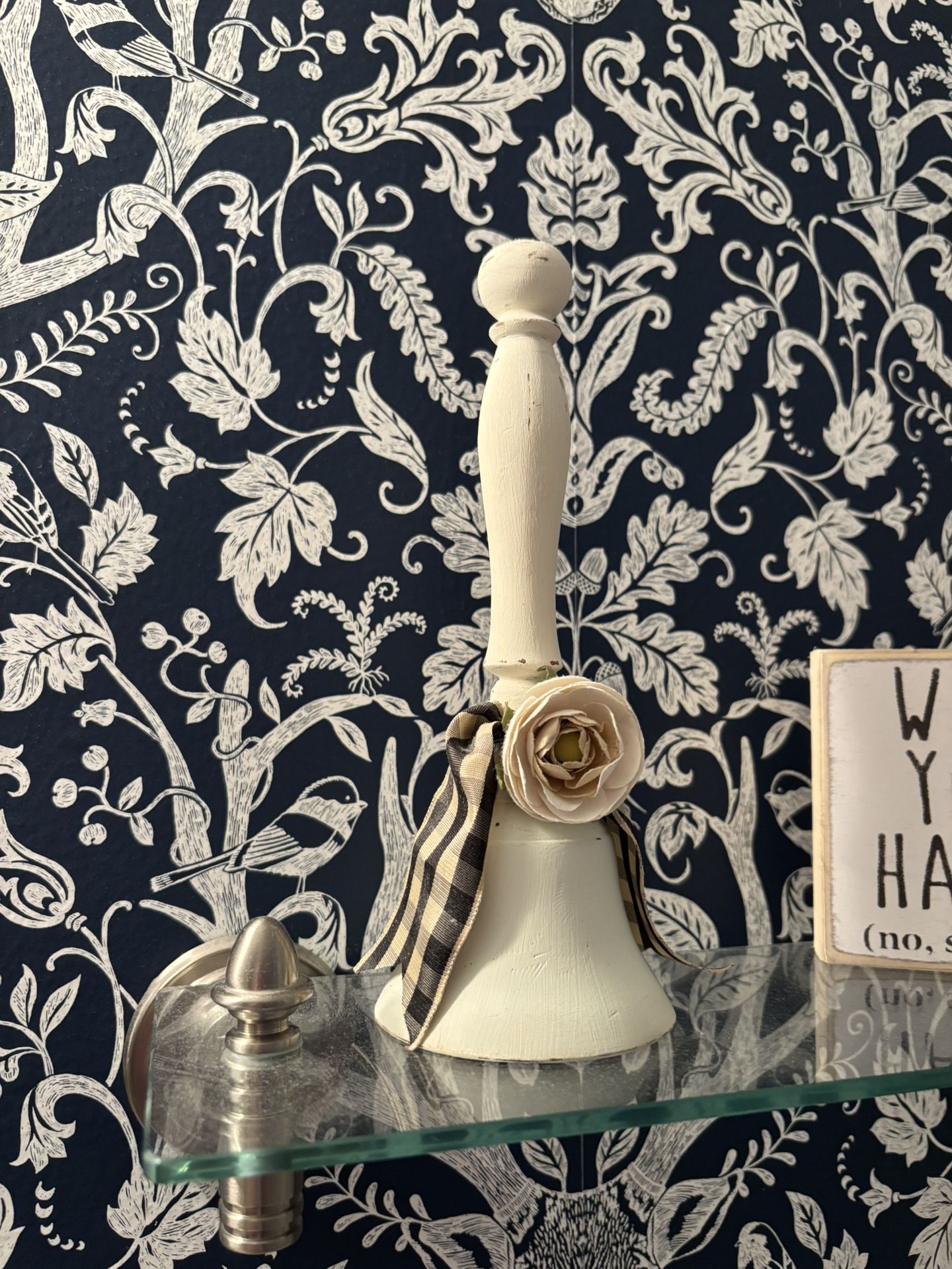 New Hand Painted Shabby Chic Cottage Farmhouse Bell With Ribbon Accent