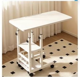 Adjustable Height Mobile Computer Desk on Wheels, Home Office Desk 3-Tier Storage Dual Sturdy H-Frame for Bed Study Dor