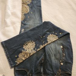 New DKNY So-Low-Lita Bedazzled Jeans, Size 12, Gold Glitter, Chain Belt