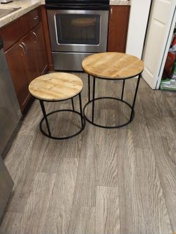 2-Round (natural wood) nesting coffee or side tables -Industrial or Farmhouse
