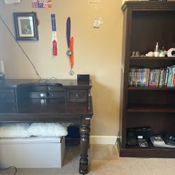 Heavy Dark Wood Desk And Bookshelf