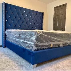 Blue Velvet Tufted Upholstered King And Queen Size Bed
