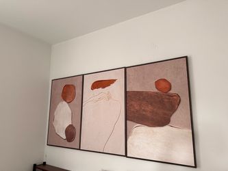 Large Framed Neutral Abstract Wall Art, Set of 3, Beige Brown, 24x36 In