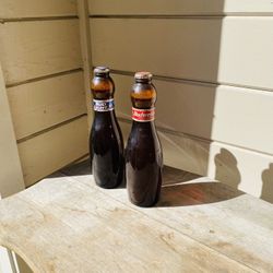 Two Vintage Glass Budweiser Bottles & Bottle Caps