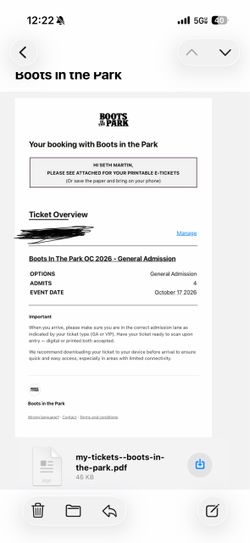 Boots in the park tickets 10/17