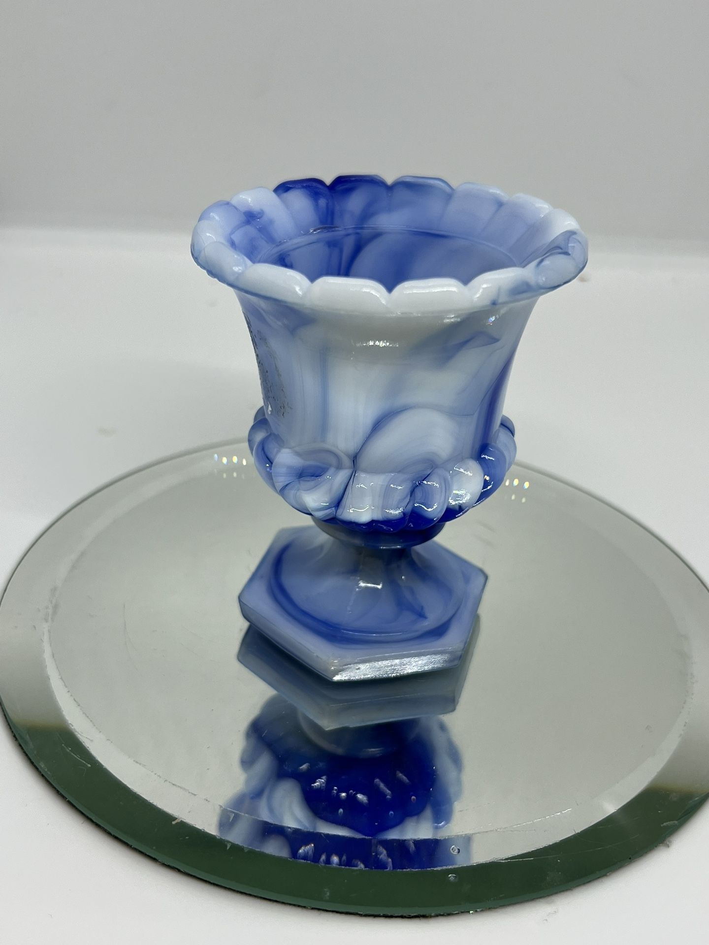VTG AKRO AGATE #764 BLUE SLAG GLASS URN TOOTHPICK MATCH HOLDER MINI VASE 3” Tall