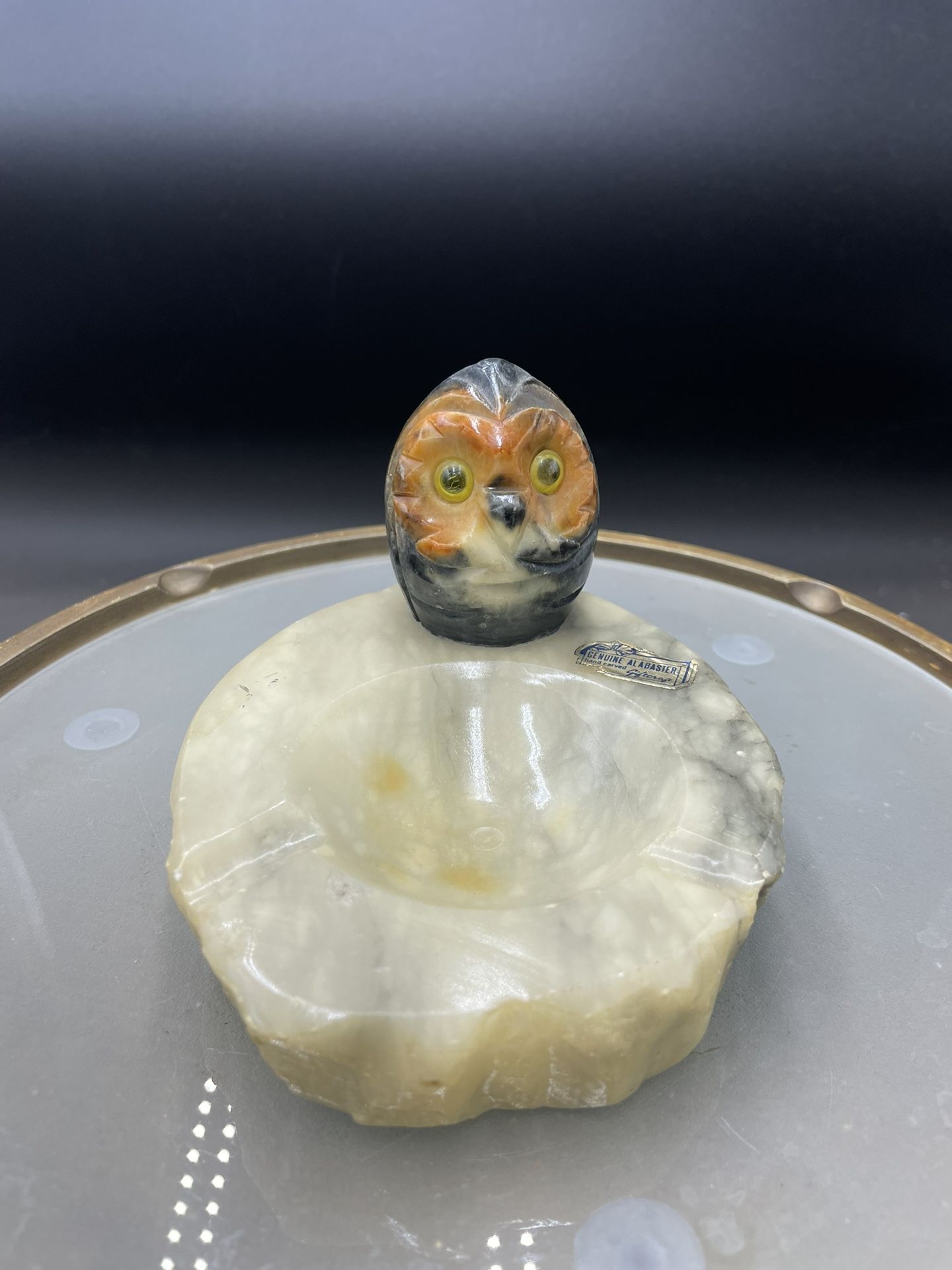 Vintage 5.5” Hand Carved Alabaster Owl Ashtray Or Trinket Dish VG
