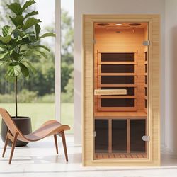 1 Person Far Infrared Home Sauna, Mini Canadian Hemlock Wood Sauna, 110V 900W, 5 Low EMF Carbon Heaters, 140°F Max, Bluetooth Speaker, 30-Min Setup, C
