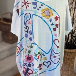 Women’s 3XL Peace Sign Graphic T-Shirt White Colorful Boho Festival Print Plus