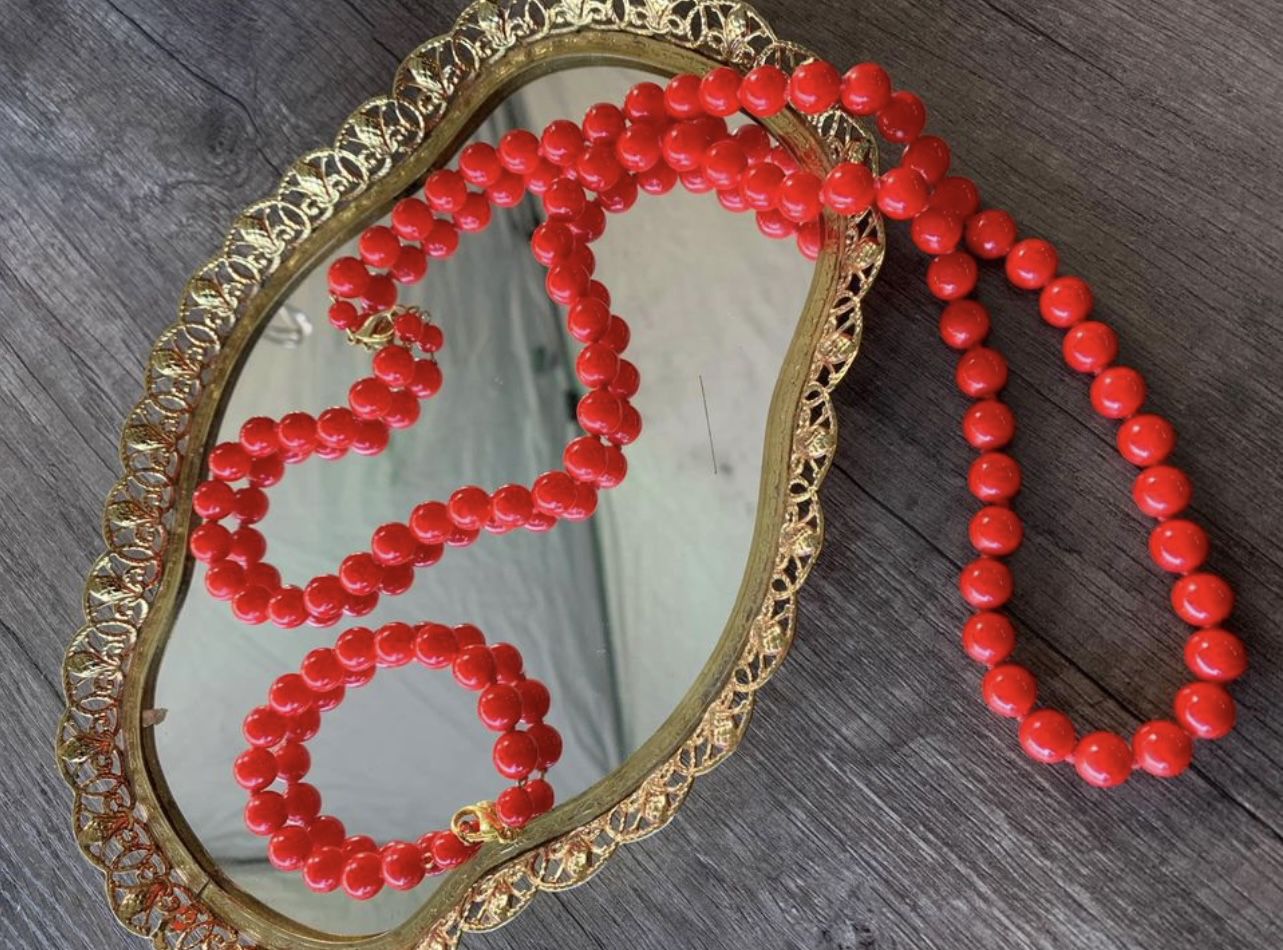 Necklace & Bracelet Coral Glass Stone Bead Clasp Vintage Red Jewelry