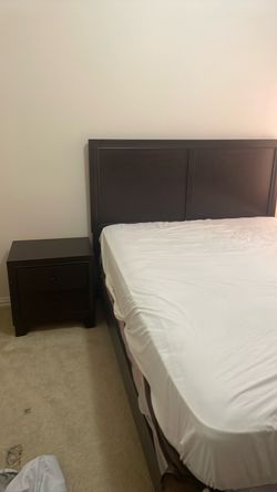 Modern Dark Wood Queen Size Platform Bed with Side Table