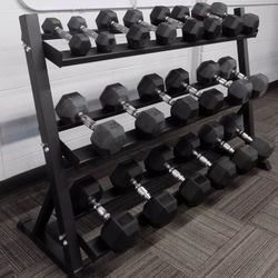 Brand New 5-50lb Rubber Hex Dumbbell Set With 3 Tier Dumbbell Rack; DELIVERY Is Available 🚚 CHECK DESCRIPTION 