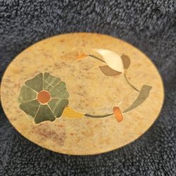 2 Carved Soapstone Trinket Jewelry Boxes With Flower Inlay