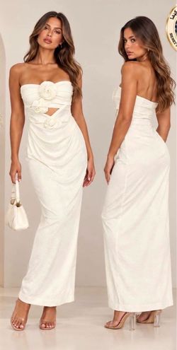 White Strapless Maxi Dress with Rosette Detail