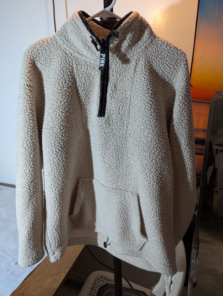 PINK Victoria’s Secret Sherpa Women's Size Medium 1/4 Zip Pullover Beige -NICE