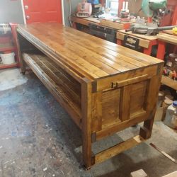 8ft Long Golden Oak Stain Island On Caster Wheels With Brakes 