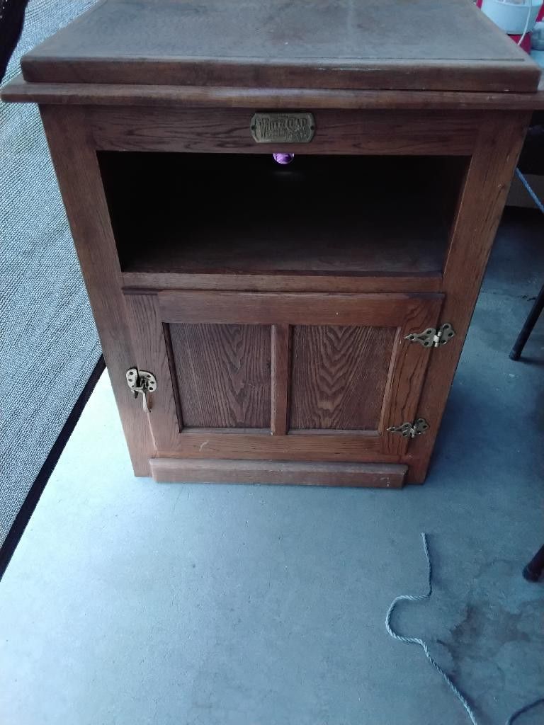White Clad Ice Box Swivel Top End Table Oak Night Stand Vintage