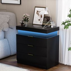 Lunaris 28" Modern Nightstand with Charging Station and LED Lights Black