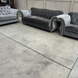 Grey Velvet 3-Piece Sectional Couch with Stone Accent 