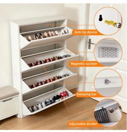 Shoe Storage Cabinet with 4 Flip Drawers, Hidden Wall Mounted Slim Shoe Rack Cabinet, Metal Narrow Shoe Cabinet for Entryway Hallway Small Spaces (Whi