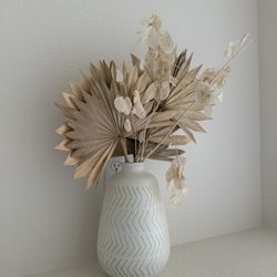 White Flower Vase And Dried Palm Fan Leaves (bohemian Style)