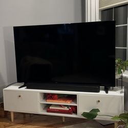 White tv stand with wood drawer pulls